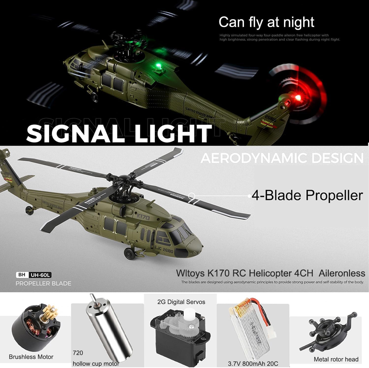 NULA K170 UH60L RC Hubschrauber für Erwachsene, 2,4G 4CH 6-Achsen-Gyro Ferngesteuerter Helikopter Militärflugzeug Bürstenloser Motor Höhenschwebeflug – RTF / 3 Akku