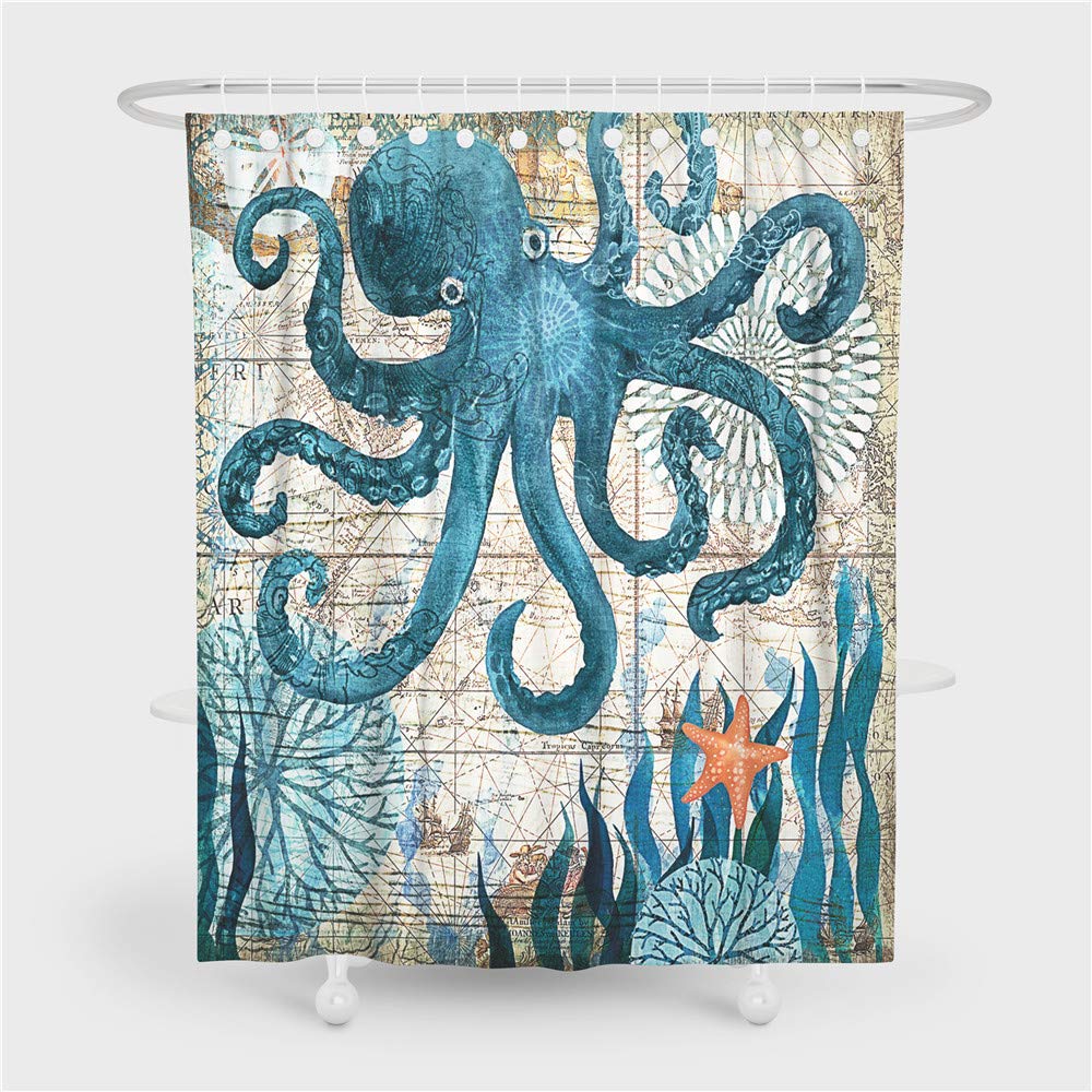 Sticker Superb. Animal Flamingo Dolphin Penguin Octopus Wolf Shower Curtain and Hooks, Polyester Shower Curtains Mould Proof Resistant, Shower Curtains Bathroom (Octopus-Beige, 120x180cm)