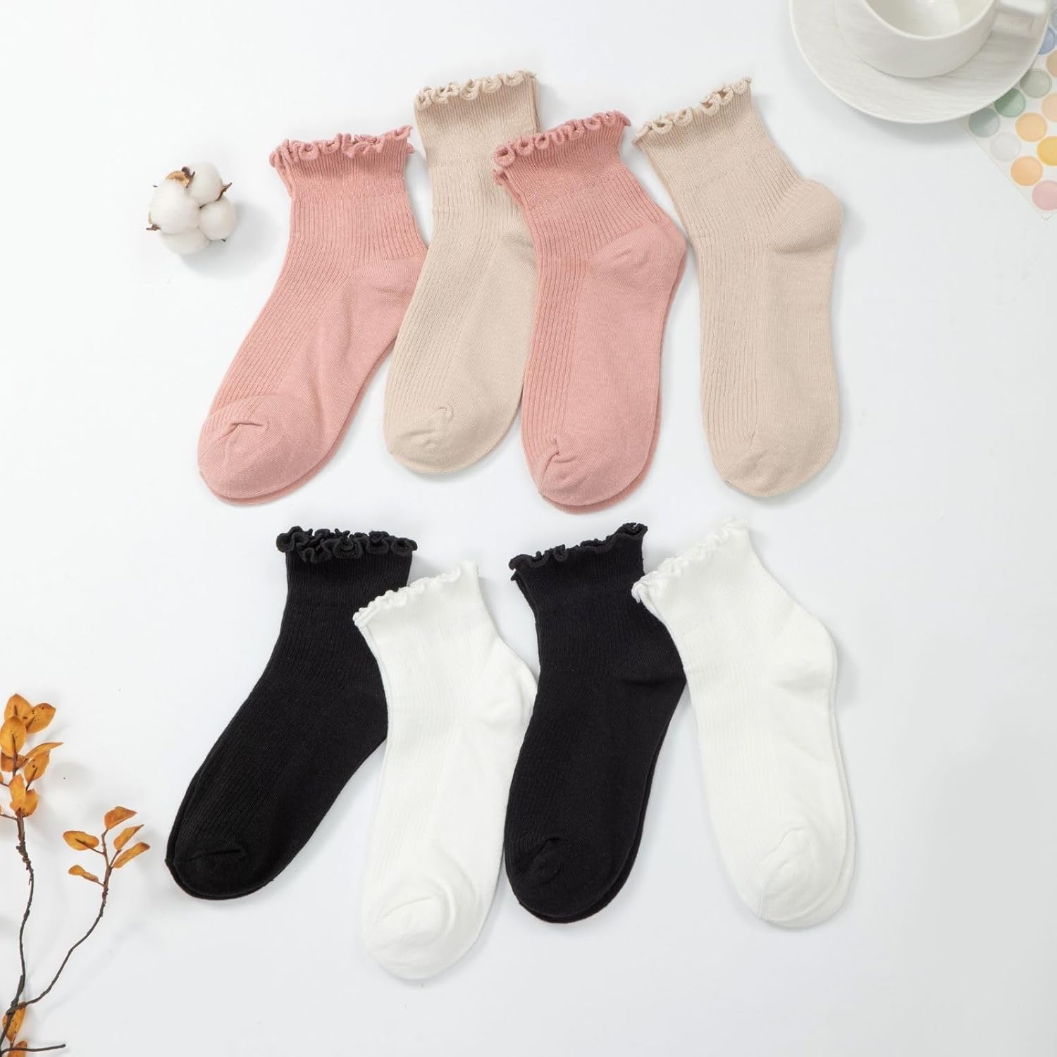 8 Pairs Cute Ruffle Frilly Ankle Socks for Women, Lace Lettuce Edge Socks - Image 6