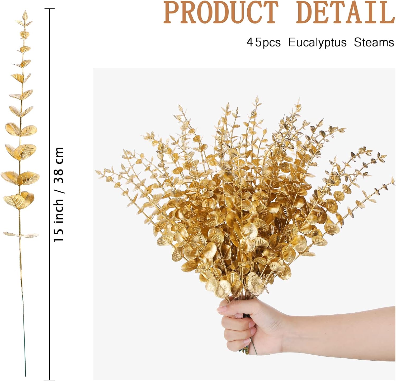 Ysleen 45 Pcs Gold Eucalyptus Stems Bulk 15 Inch Gold Fake Eucalyptus Branches Artificial Leaves Greenery Plant Centerpieces for Wedding Party Bouquet Home Farmhouse Vase DIY Craft Table Decorations