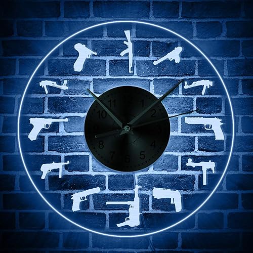 Miniatura 7 de Creativo diseño moderno pistolas razas LED iluminación multicolor reloj de pared pistola decoración familiar arte de pared hecho a mano regalo para