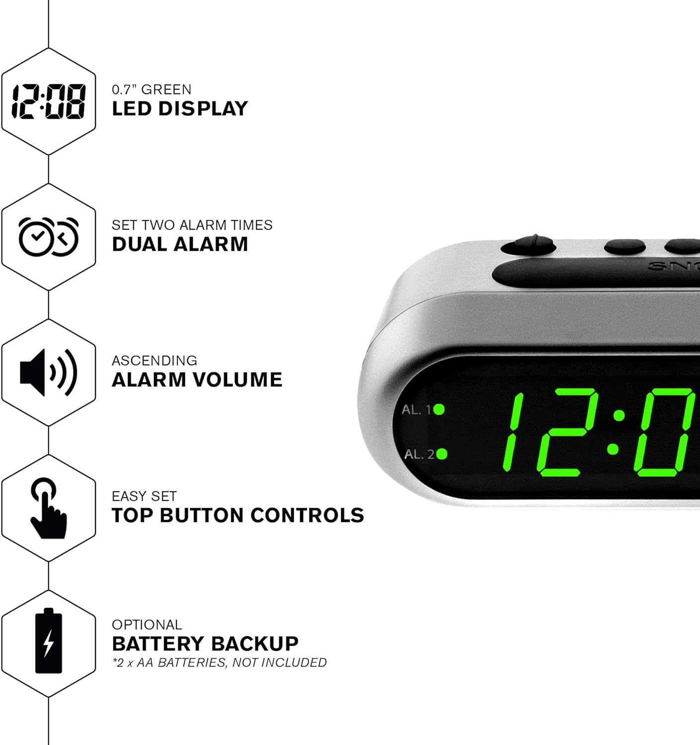 Silver Digital Alarm Clock with Dual Alarms and Battery Backup