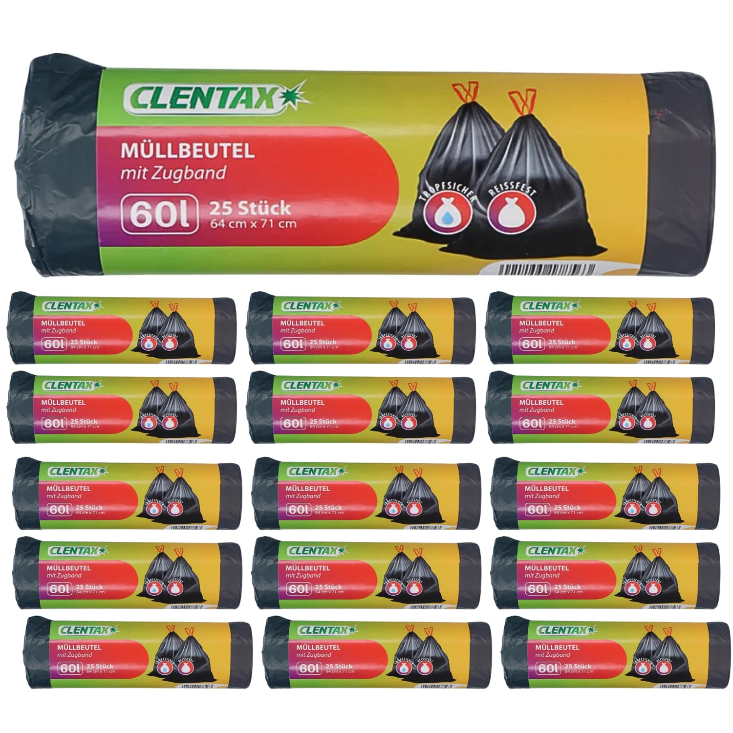 CLENTAX Müllbeutel 60L mit Zugband 16 x 25 St (400 St) Müllsäcke - reißfest und flüssigkeitsdicht Zugbandbeutel