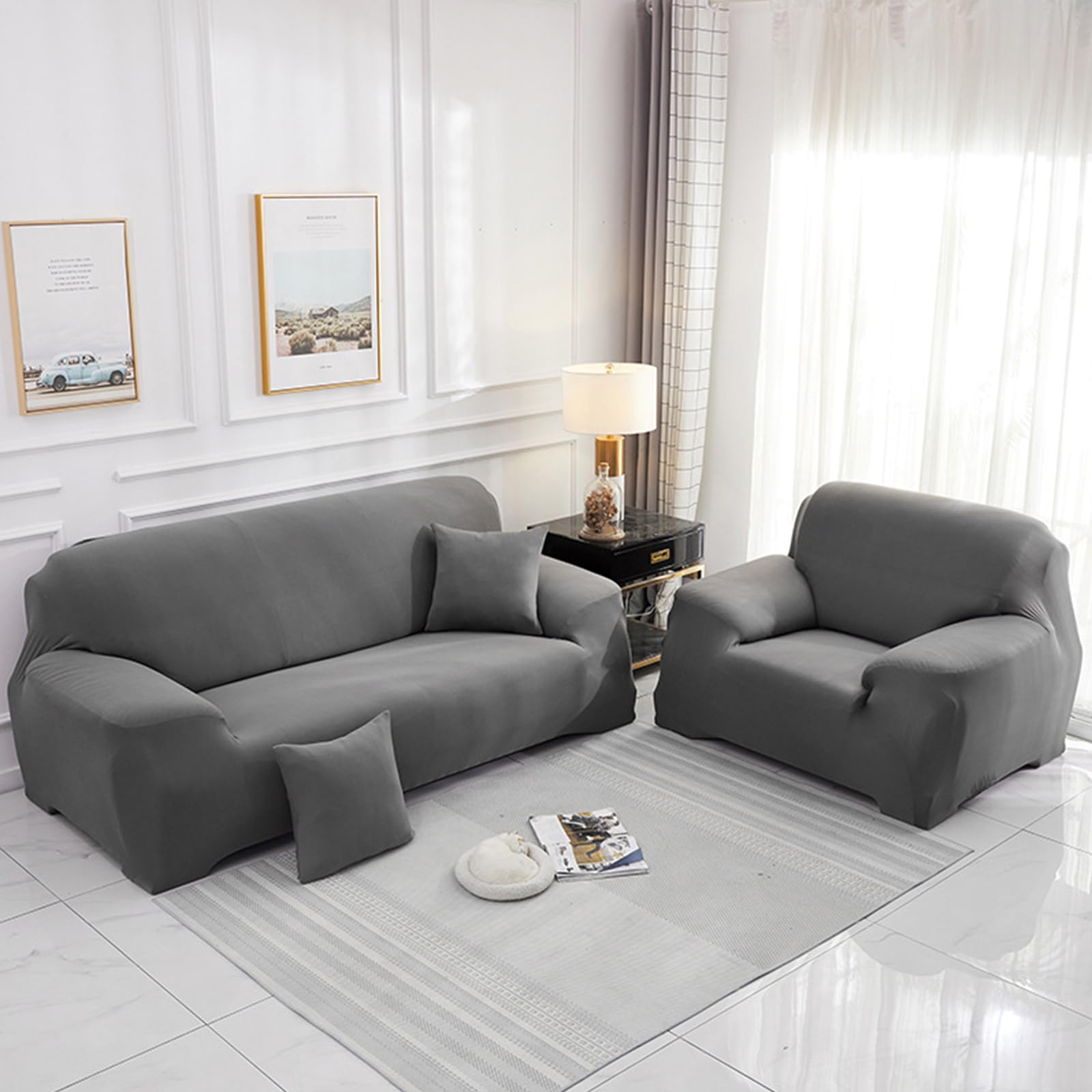 Hearda High Stretch Sofa Covers 1/2/3/4 Seater, Monochrome Soft Elastic Non Slip Sofa Slipcover Washable Universal Couch Sofa Cover for Kids Pets Living (3-Seater,Grey)