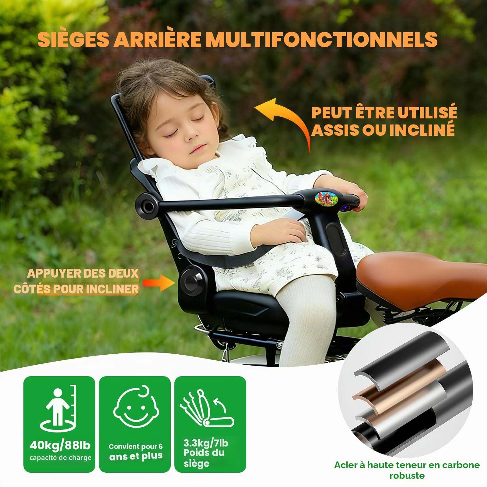 auvstar Siege Velo Enfant Arriere avec Dossier, Barrières de Sécurité et Repose Pieds pour Enfants 5 Ans+