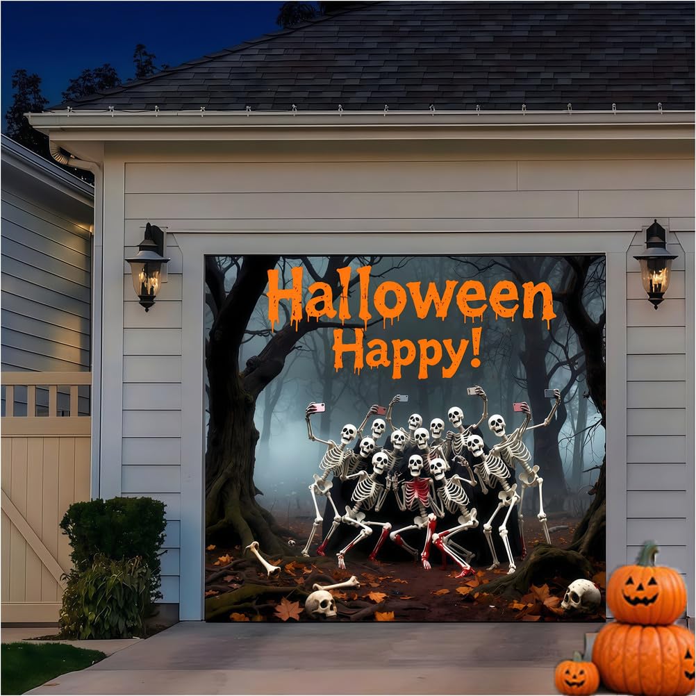 Zfflyh Skull Party Halloween Garage Door Cover Decorations Banner, Large Halloween Hanging Backdrop Door Cover Wall Decorations For Outdoor Holiday Decorations,,8 * 7