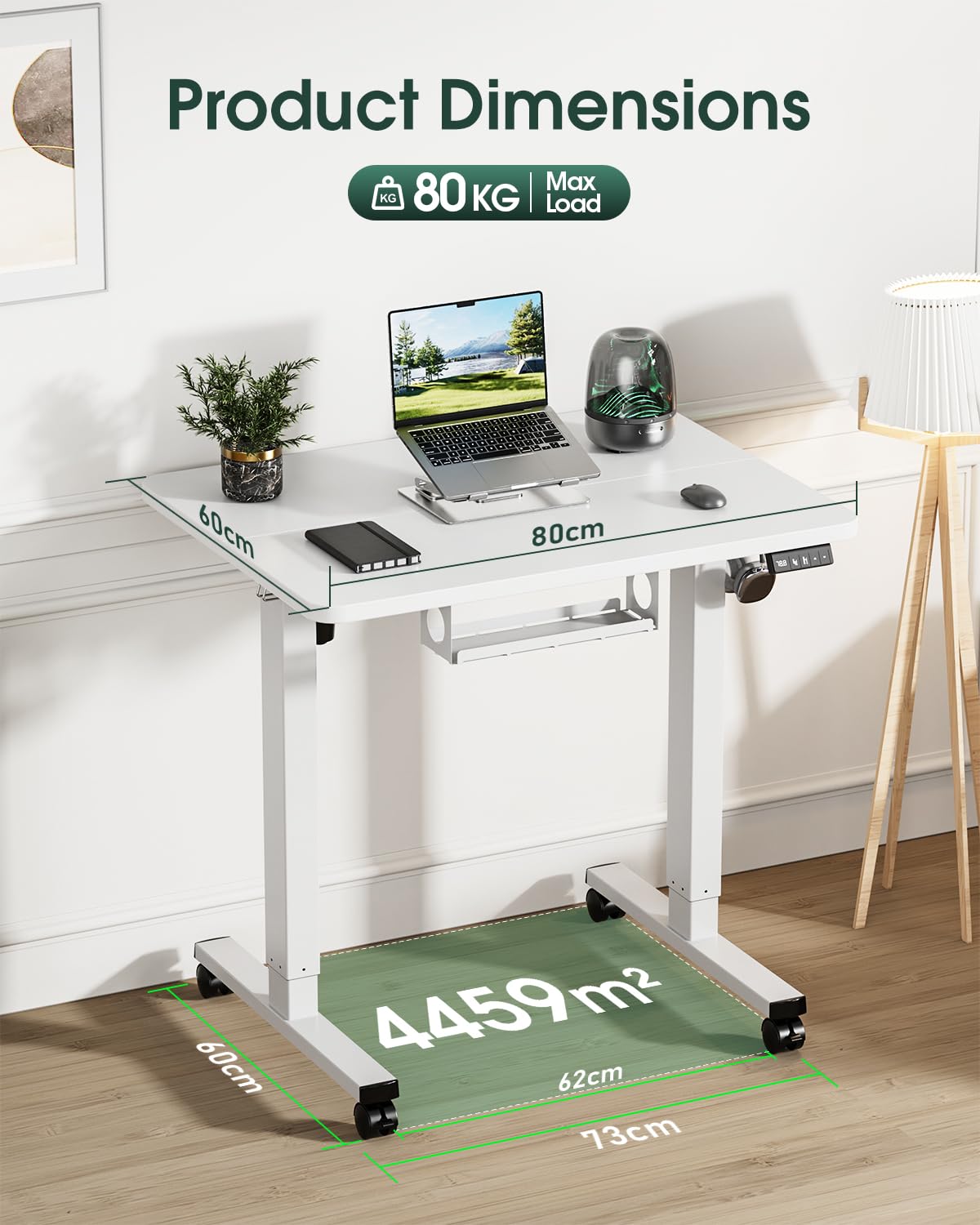 Höhenverstellbarer Schreibtisch 80 x 60 cm, Schreibtisch Höhenverstellbar Elektrisch für Home & Office, 2-teilige Tischplatte, Weiß