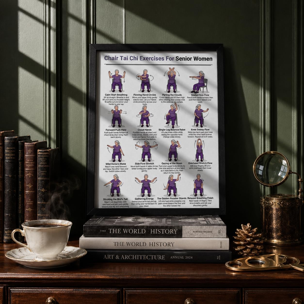Framed Tai Chi Chair Workout Wall Art, Chair Tai Chi Exercises for Senior Women Poster, Seated Exercises for Beginners and Seniors Canvas Prints for Living Room Yoga Studio Gym Office image 5