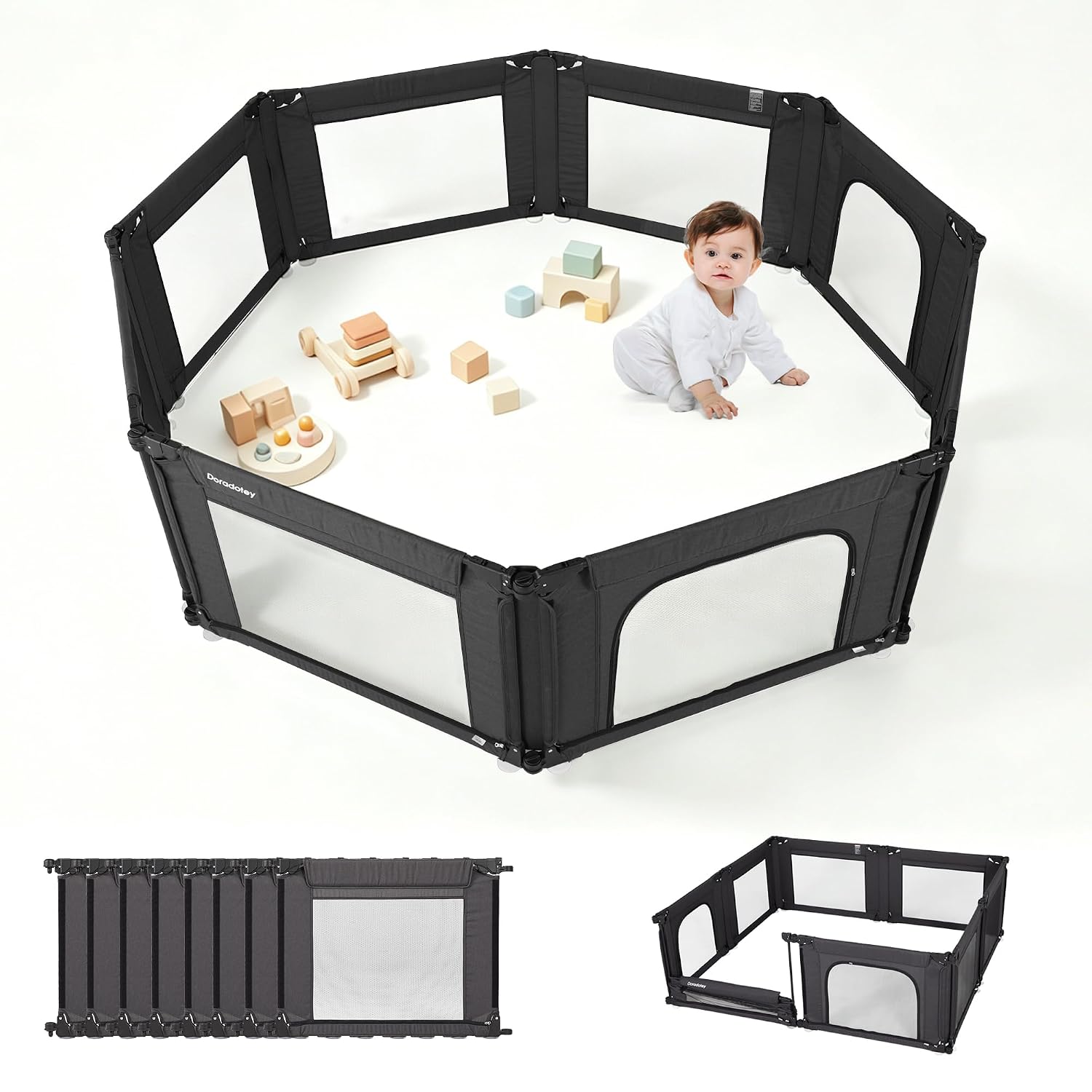 Baby Playpen Foldable Large Play Pen for Toddlers 1-3, 59X59X27in Pre-Assembled Playard for Indoor, Doradotey Adjustable Mesh Breathable Floor Playpen Certified Safe Baby Product