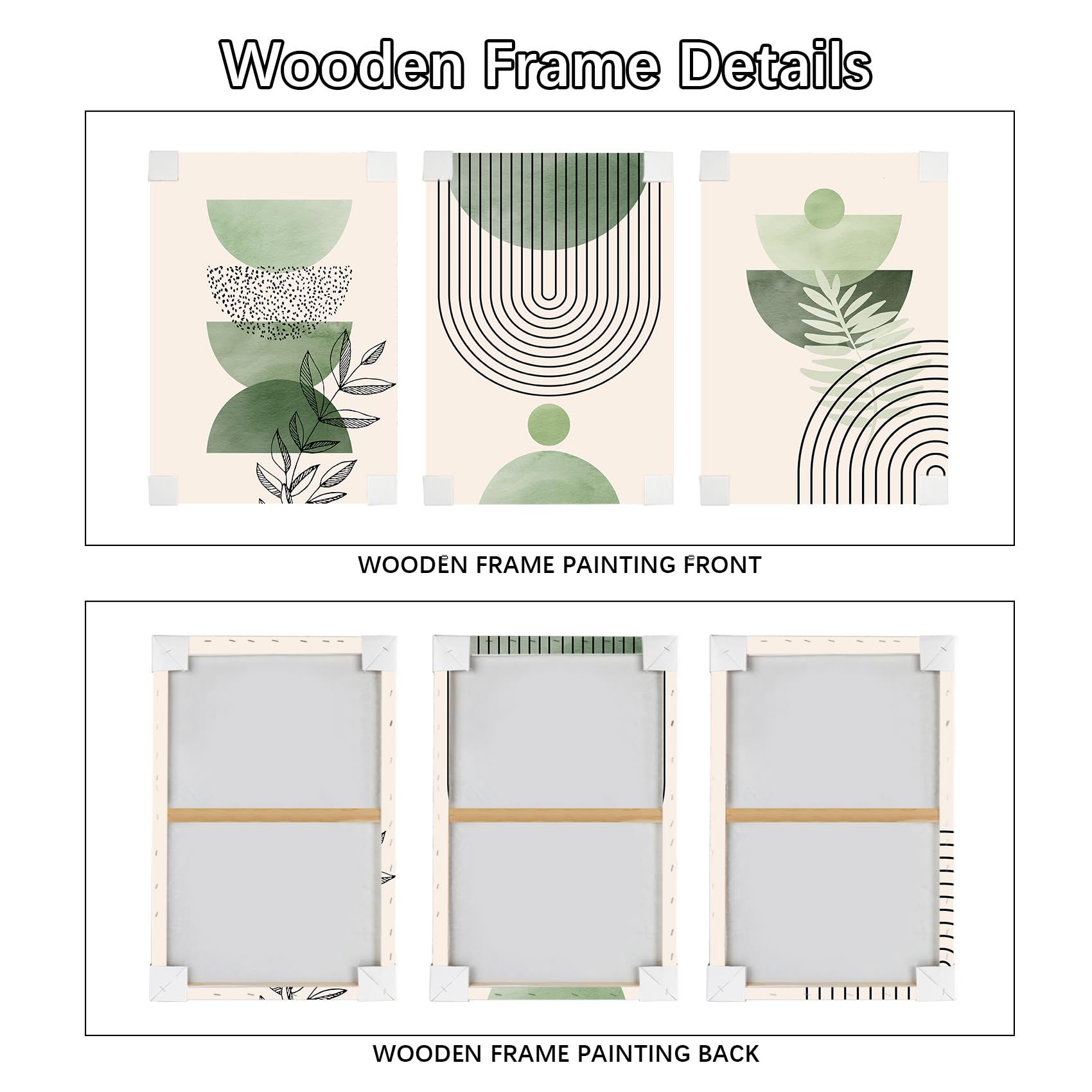 3 Pcs Wooden Framed Canvas Wall Art Set Bohemian Sage Green Canvas Prints Poster Geometric Line Beige Green Pictures for Living Room Bedroom Dinning Room Hallway Stairs Wall Decor 30x40cm x3pcs — view 18