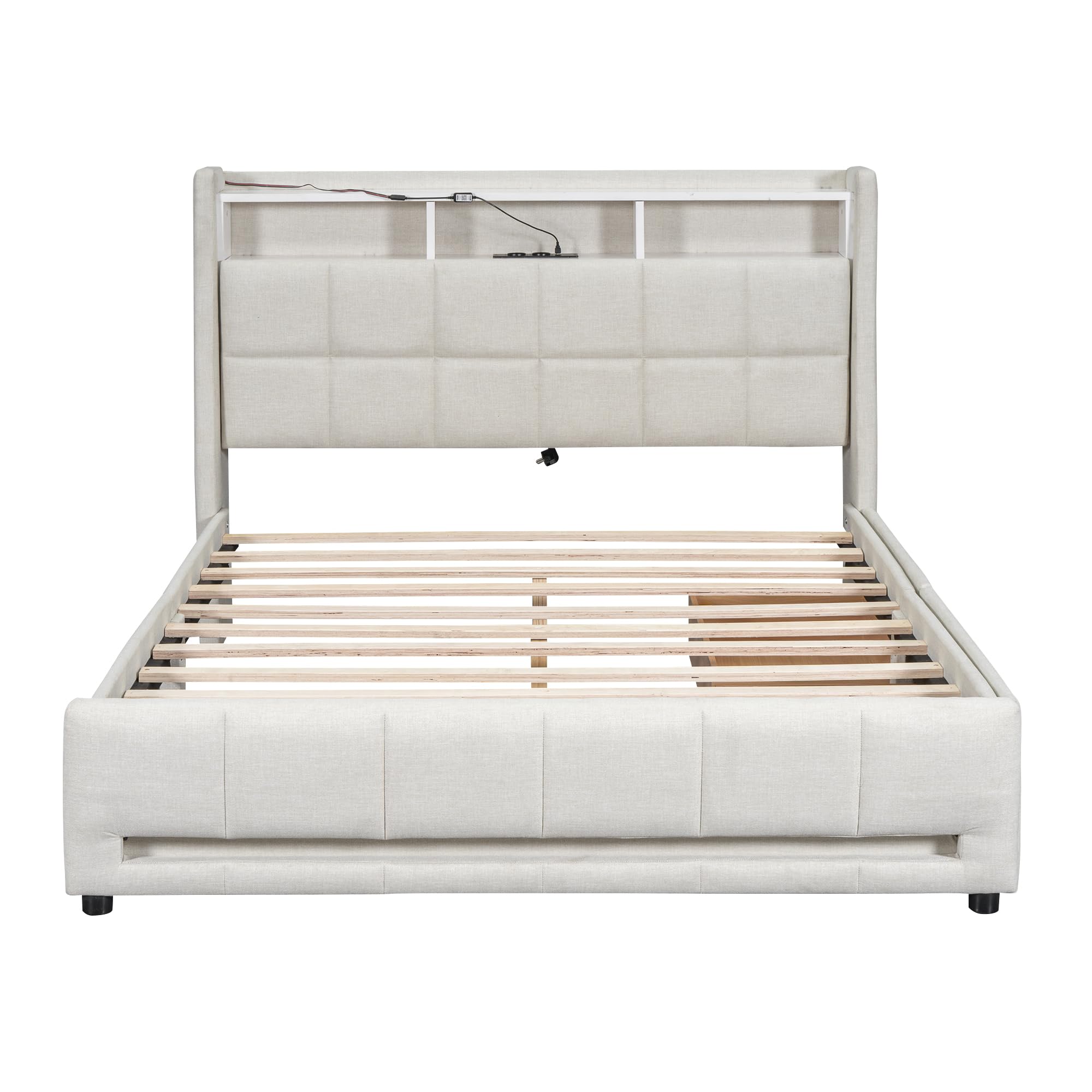 Aoskem Polsterbett Doppelbett 140x200 cm, LED-Bett mit 2 Schubladen, Kopfteil mit Stauraum & USB-Buchse, Stauraumbett Bettgestell mit Lattenrost, Funktionsbett Flachbett, Ohne Matratze, Leinen Beige