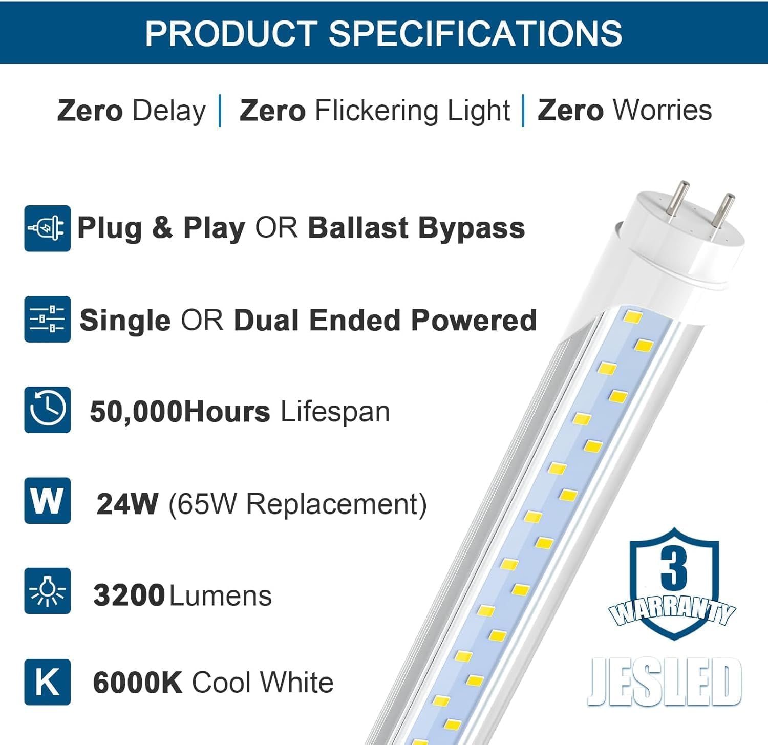 jesled 4ft led t8 type a+b tube lights, 24w(65w equivalent), 3200lm, 6000k, single or double end powered, plug and play or ballast bypass, 4 foot t10 t12 fluorescent bulbs replacement, clear(2-pack) 2 pack 6000k (bright white)