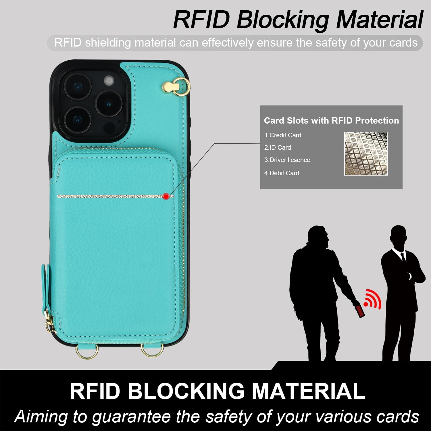 Bocasal Crossbody Wallet Case for iPhone 16 Pro Max, RFID Blocking Leather Purse Case with Card Holder, Protective Handbag Flip Cover with Zipper Wrist Strap Lanyard for Women 5G 6.9 Inch (Mint Green)