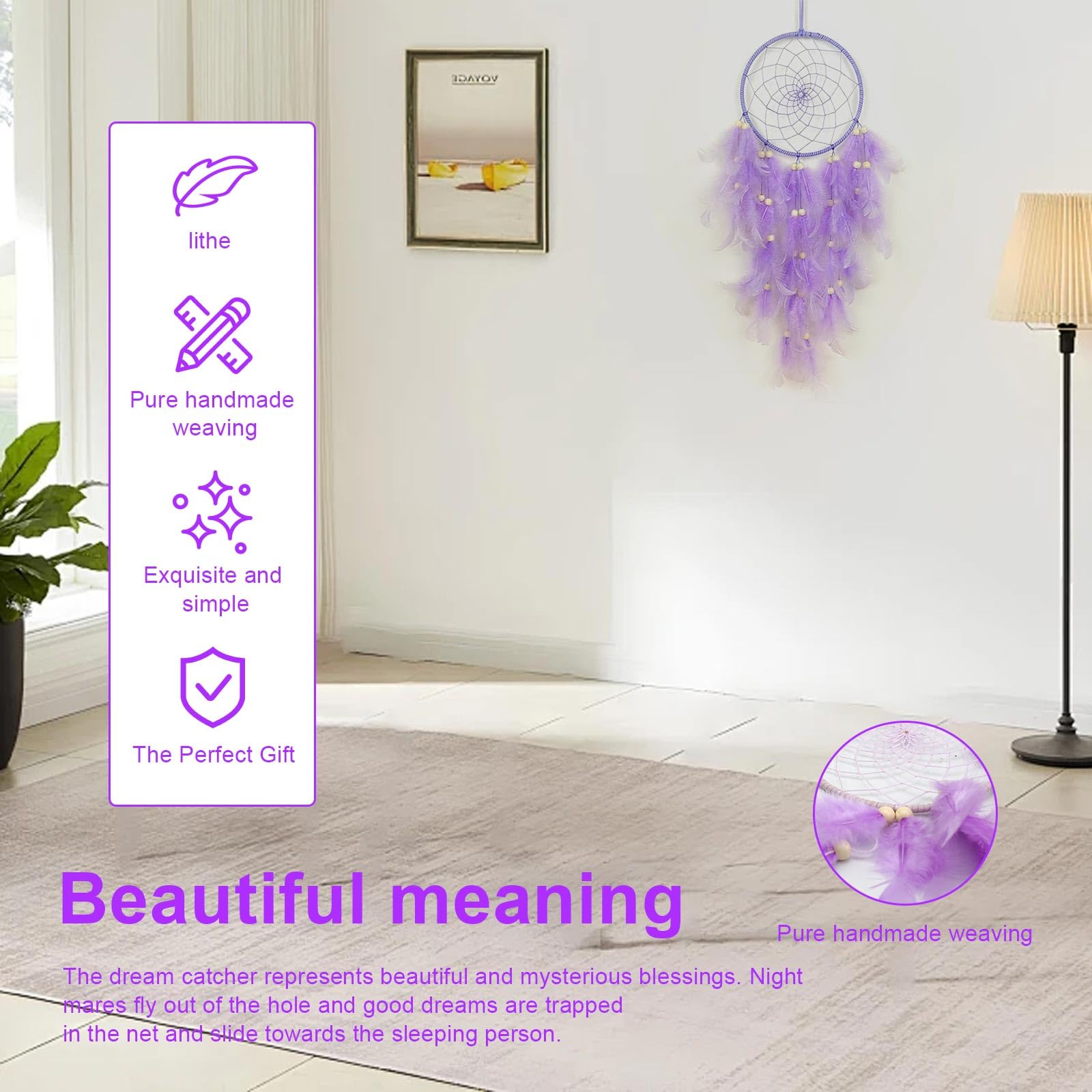 Attrape-rêves en macramé violet avec plumes fait main