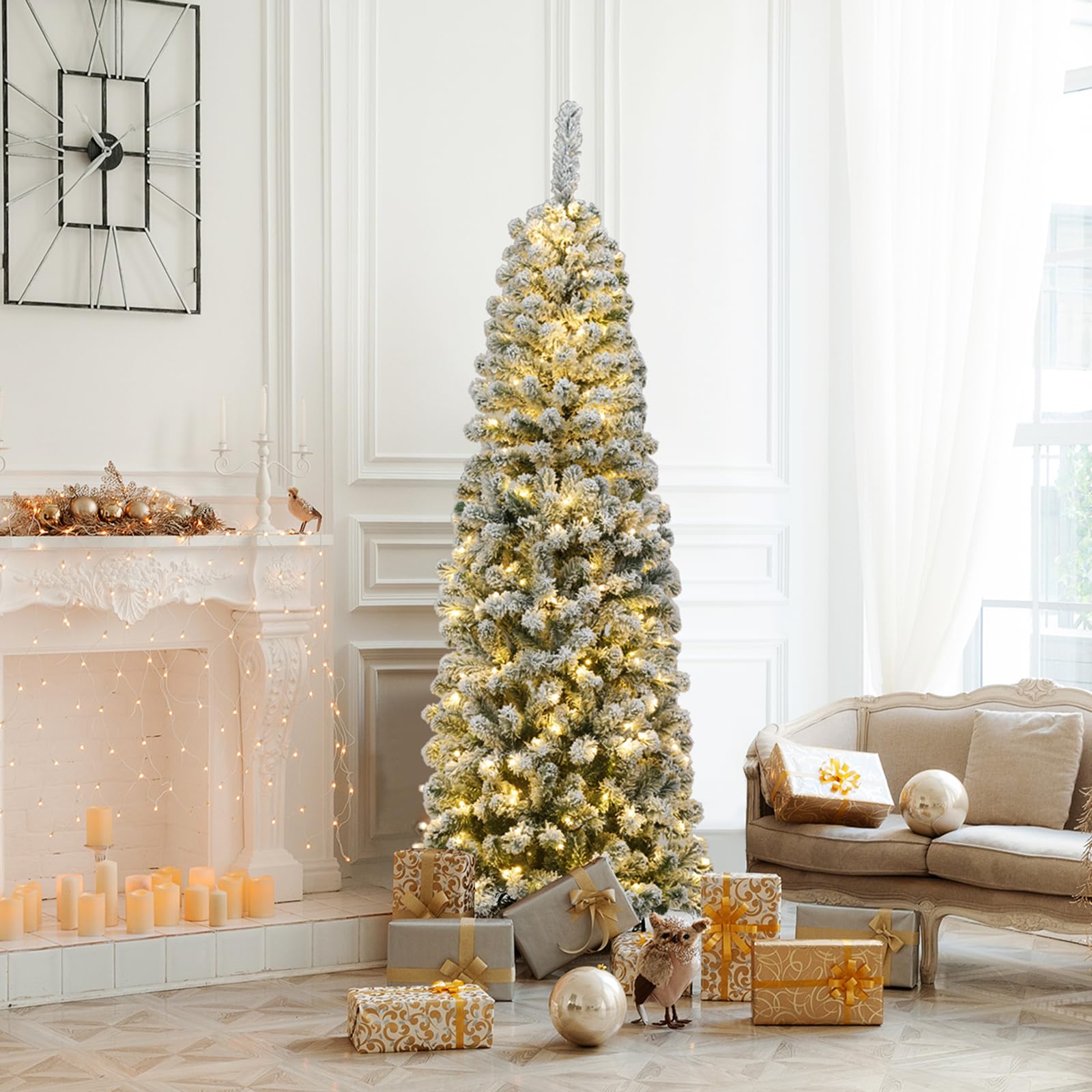 COSTWAY Albero di Natale Slim 135/180/225 cm, Albero di Natale Innevato con 150/250/350 Luci LED, 242/500/641 Rami e Base di Metallo, Decorazione Natalizia per Casa e Negozio (180 CM)
