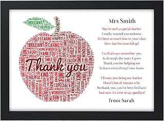 Thank You Teacher Gifts APPLE Personalised Poem Best Teacher Leaving Present - Thank You Gifts for Teachers, Teaching Assistants, TA, Nursery Teachers - ANY NAMES - A5, A4 Prints and Frames
