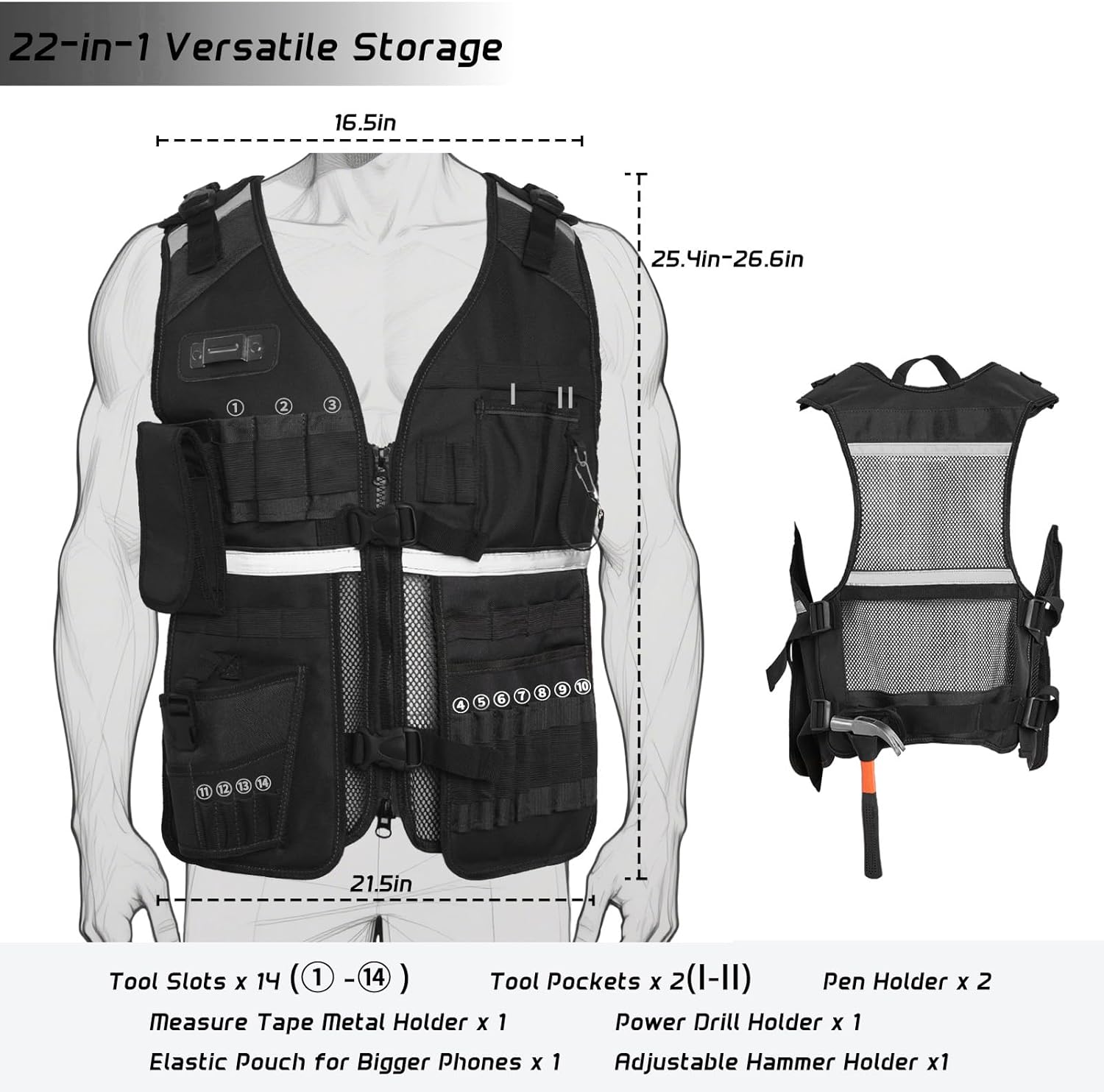 Electrician Tool Vest for Men, Reflective Safety Work Vest with Adjustable Thick Straps, Removable Phone Holder for Electrical, Carpenters, Construction, 22 Pockets