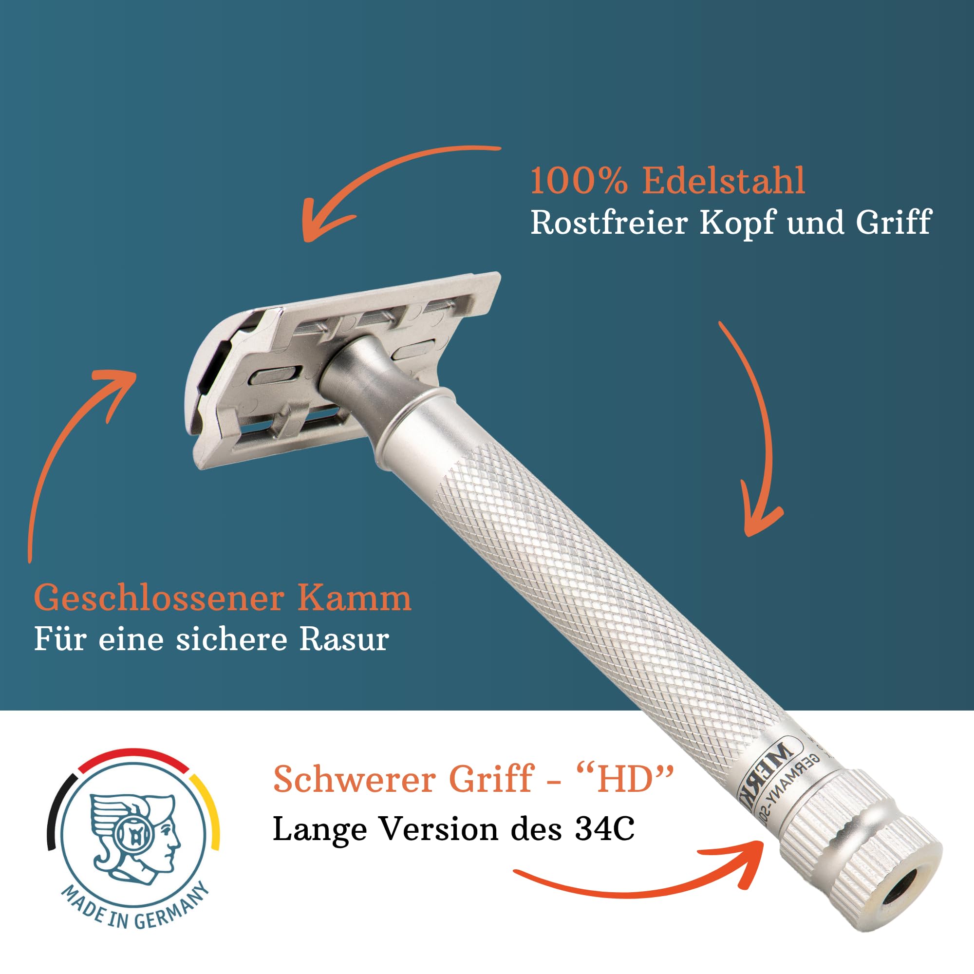 MERKUR Edelstahl Rasierhobel 34 INOX XL | Seidenmatt | Zweiteiliger Premium Rasierer mit geradem Schnitt | Geschlossener Kamm | Ideal für Nassrasur | Made in Germany