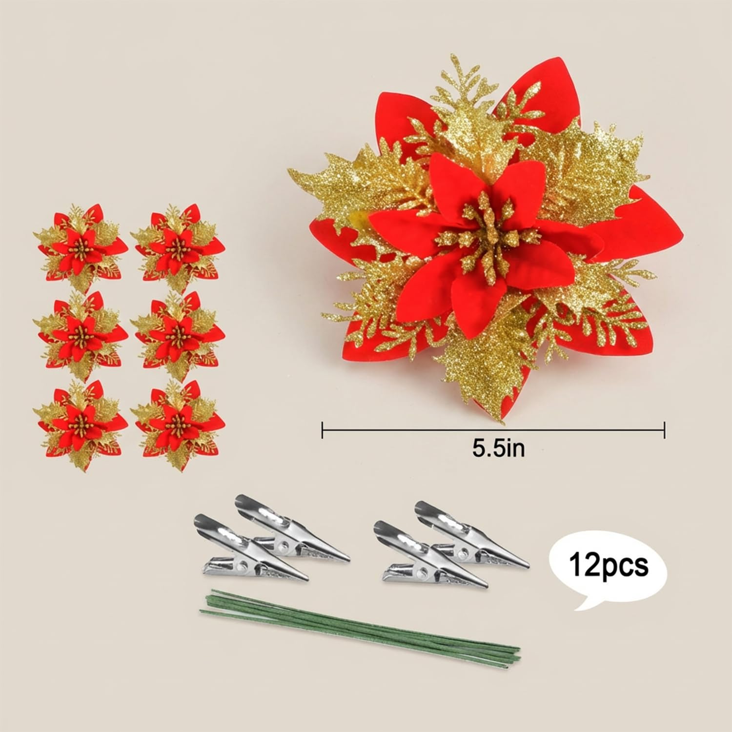 12 fiori artificiali glitterati con clip e steli per albero di Natale