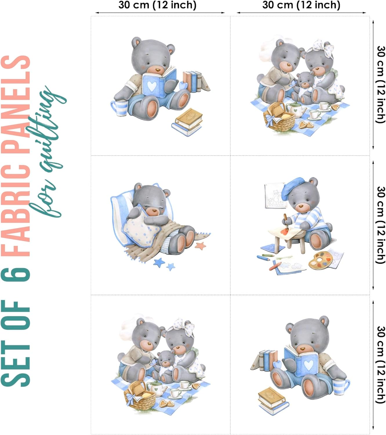 UNIQUE Baby Bear Fabric Panel Set (6 Panels, 12x12in Each), Quilting Panels, Blue Cotton Sateen, Print Pattern