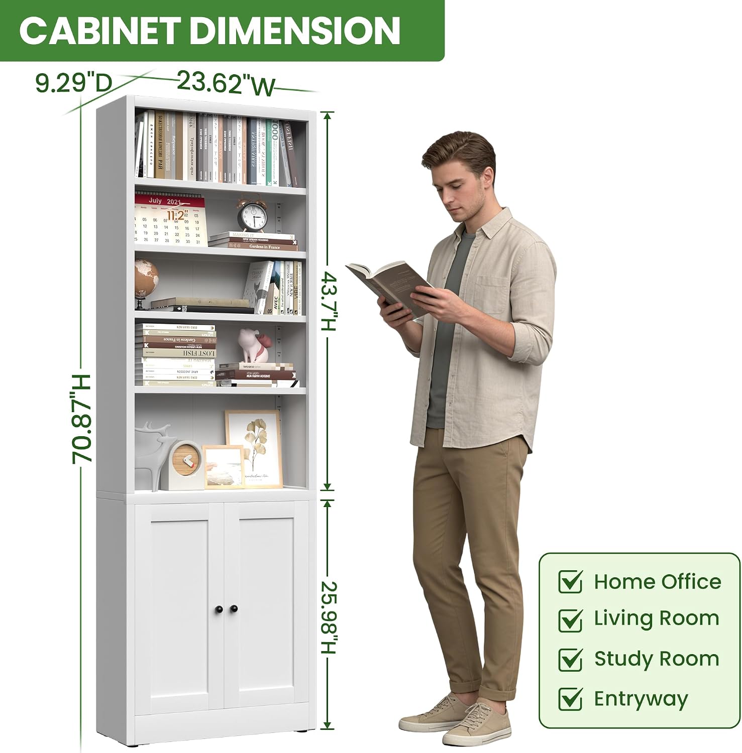 71" Metal Bookcase with Adjustable Shelves 7 Tier Bookshelf with Doors,Tall Display Cabinet Industrial Bookshelves White Storage Cabinet Modern Book Shelf for Home Office Living Room Bedroom