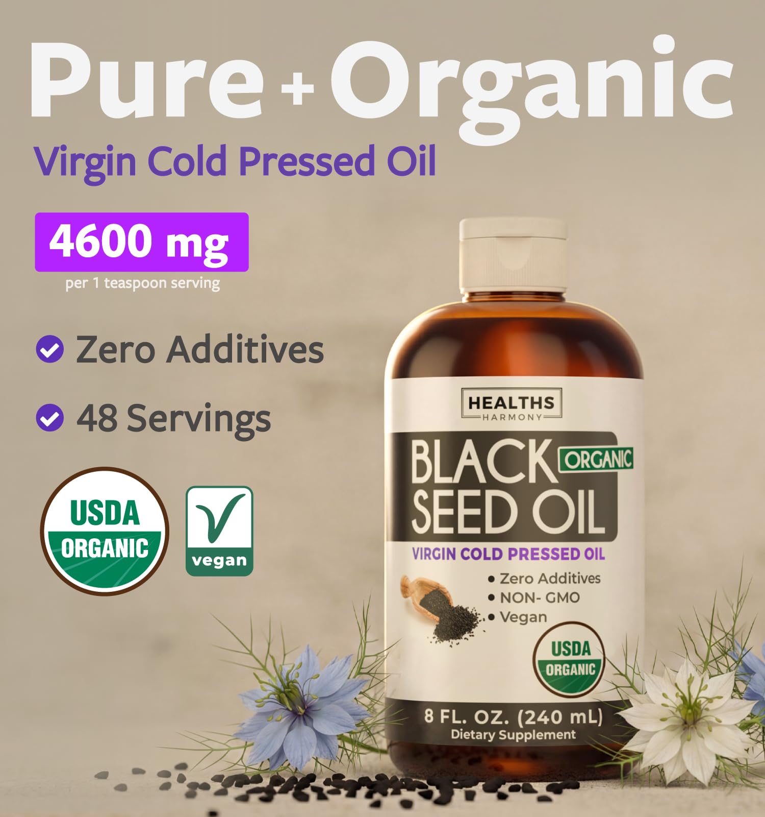 Healths Harmony USDA Organic Black Cumin Seed Oil Liquid (8 fl oz) Premium Cold-Pressed Nigella Sativa Producing Pure - Antioxidant Supplement - Vegan, Gluten-Free, & Non-GMO (No Pills or Capsules) — Amazon image 2