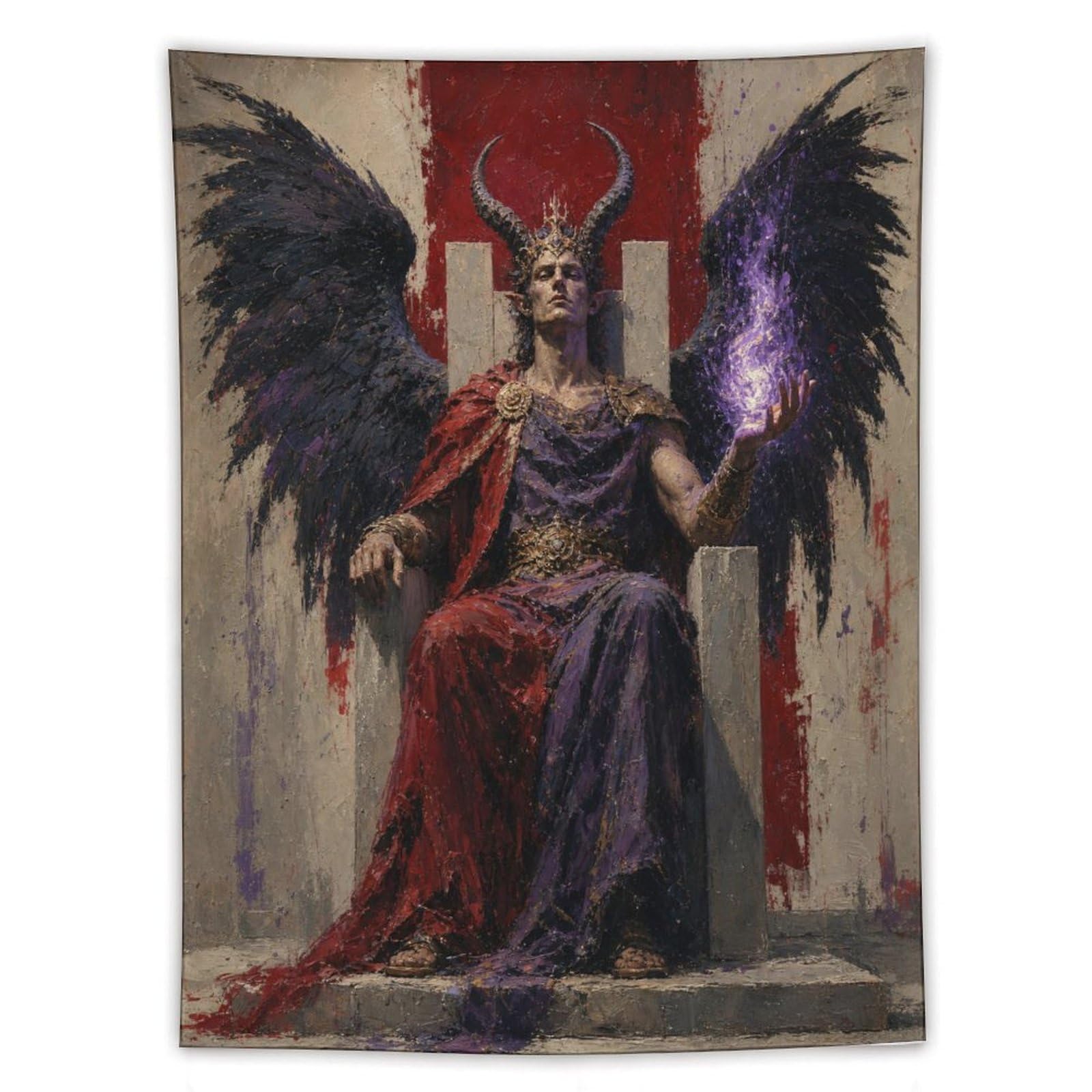 H3B8U2Y5 Dark Winged King on Throne Wall Tapestry, Occult Crown