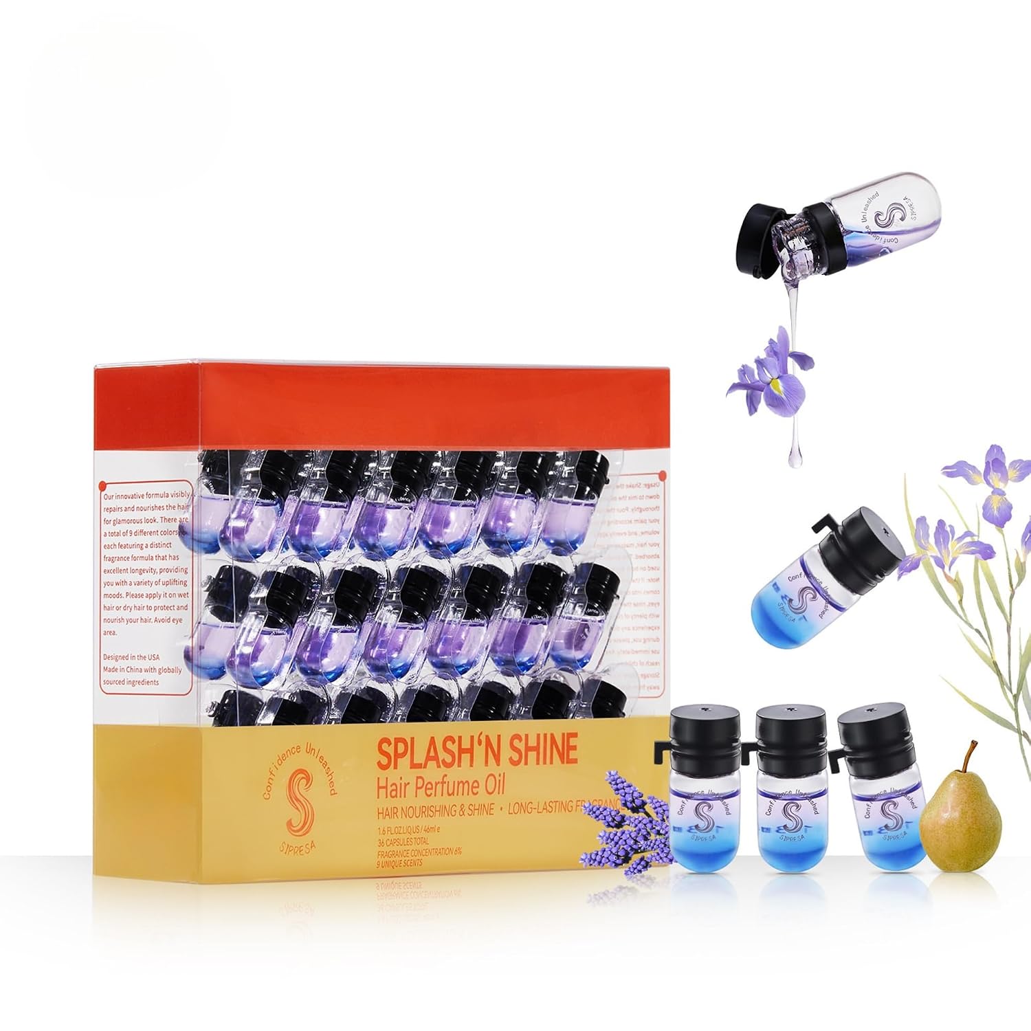 36pcs luxurious Scented Hair Perfume Oil 9 in 1,9 Varied Fragrances,Anti Frizzy,Avocado Oil,Moisturize Dry Damaged Hair,Splash'n Shine,Smoothing, Mini Bottles,Hair Care Set,Garden Delight