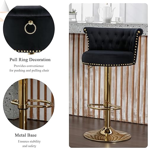 Miniatura 5 de Sudwesto Juego de 2 taburetes de bar giratorios de terciopelo, taburete de bar ajustable con altura de mostrador con botón copetudo y ribete de