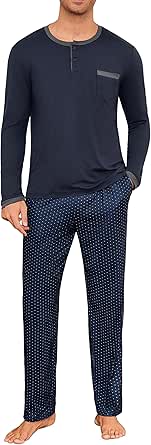 Jahetuul Herenpyjama van katoen, warm, lang, met knopen, tweedelig, voor de winter, zacht en comfortabel, bedrukt S-4XL, Blauw-1, XXL