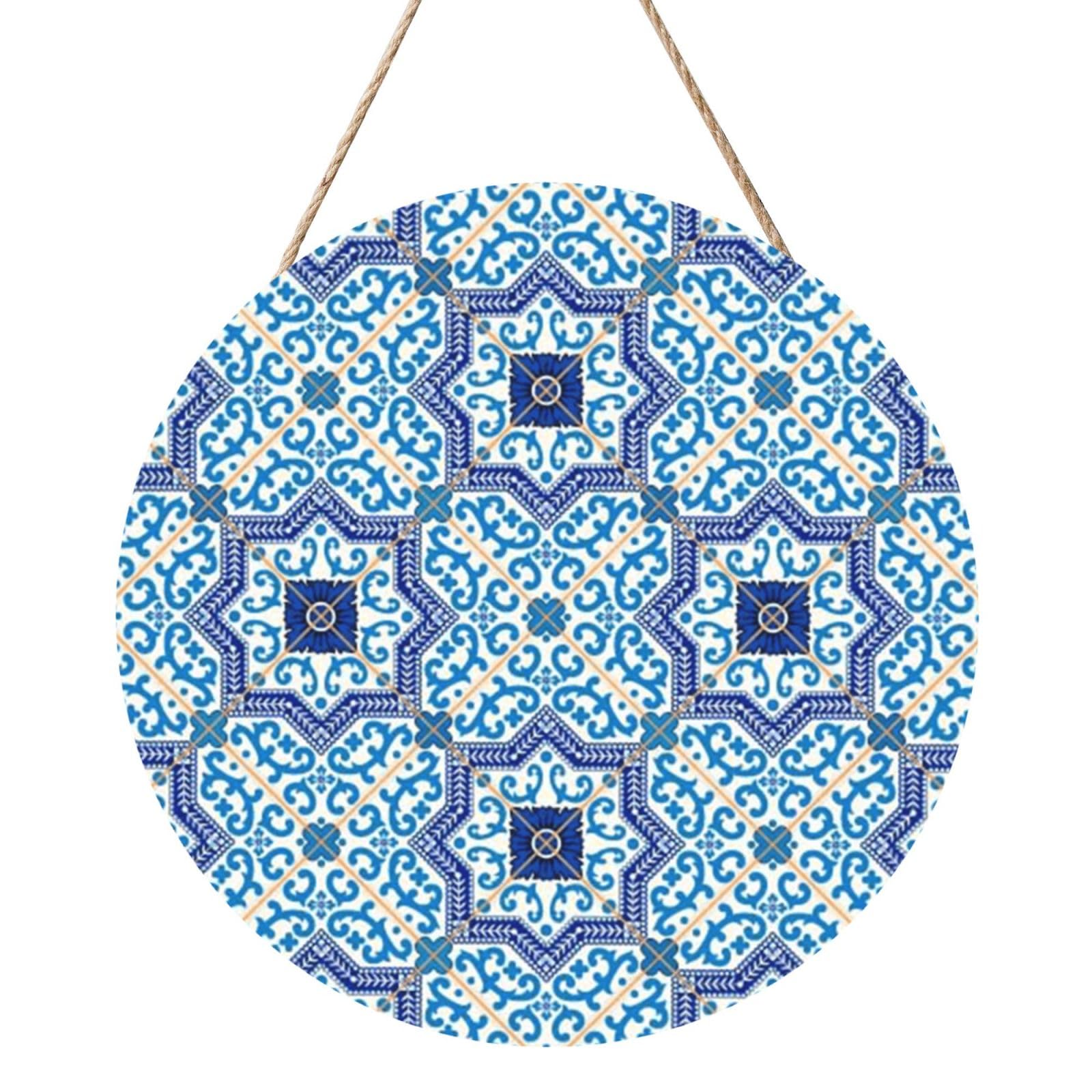 InOmak Moroccan Portuguese Style Classic Tiles, Round Wood Panel Painting 12 in, Wall Hanging Painting For Home