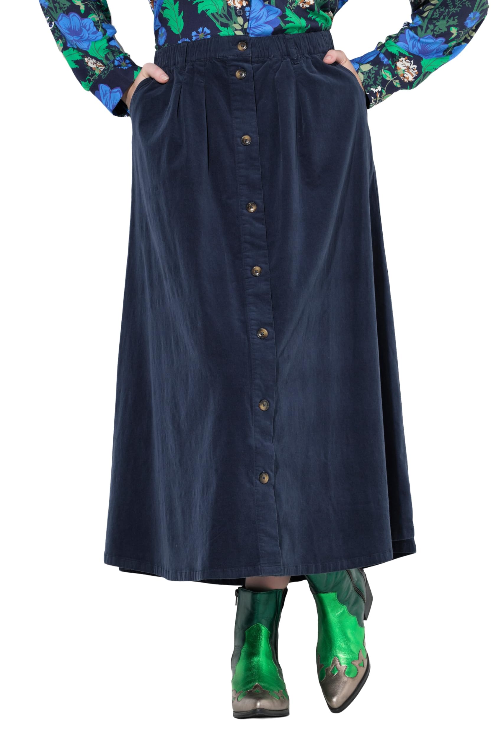 Ulla Popken Damen große Größen Übergrößen Plus Size Cord-Maxirock, A-Linie, Knopfleiste, Elastikbund 841061