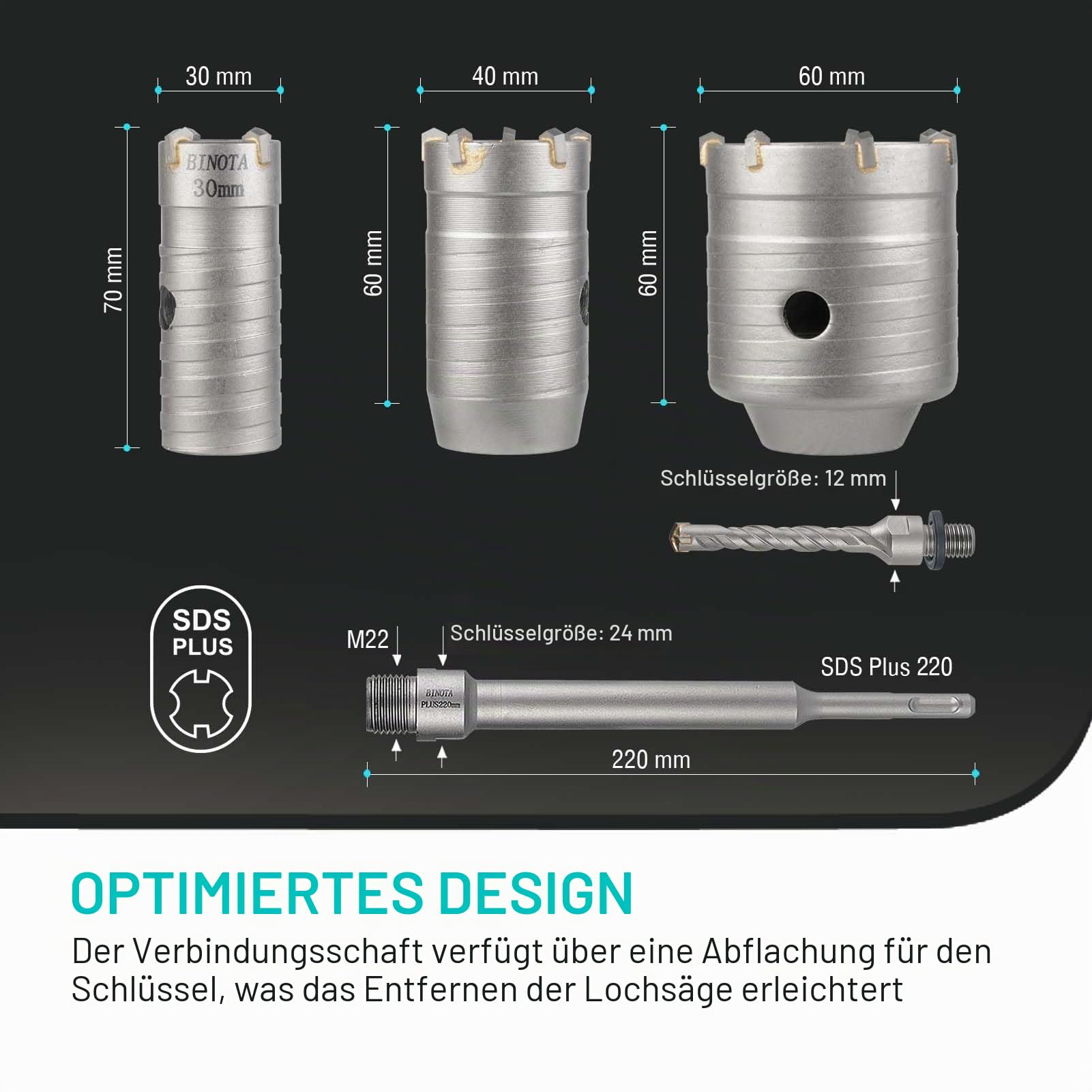 BINOTA Lochsägen-Set für Beton, Kreisbohrer, Lochsäge für Beton, Zement, Ziegel, Mauerwerk, Stein, 30, 40 und 60 mm