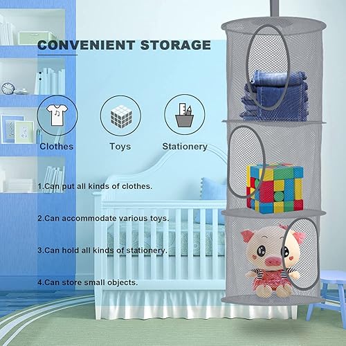 Miniatura 15 de Organizador de bolsas de malla colgante para ahorrar espacio, organizador plegable de almacenamiento de animales de peluche, 5 compartimentos,