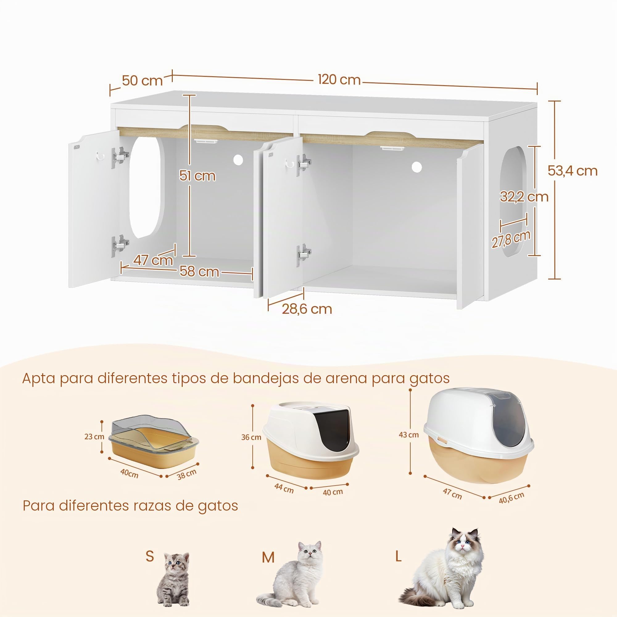 HEXCELEN Mueble Arenero 2 Gatos, Armario para Gatos, Oculto para Arenero con Puertas Dobles, Adecuada para Dormitorios, Salones, Armario de Almacenamiento, 120 x 50 x 53,4 cm, Roble Blanco y Blanco