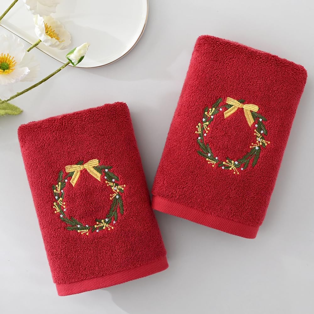 YiLUOMO Red Hand Towel Set of 2 Christmas Wreath Embroidered Highly Absorbent 100% Cotton Super Soft Decorative Hand Towels for Bathroom Home Hotel Spa 13 x 29 Inch - Image 4
