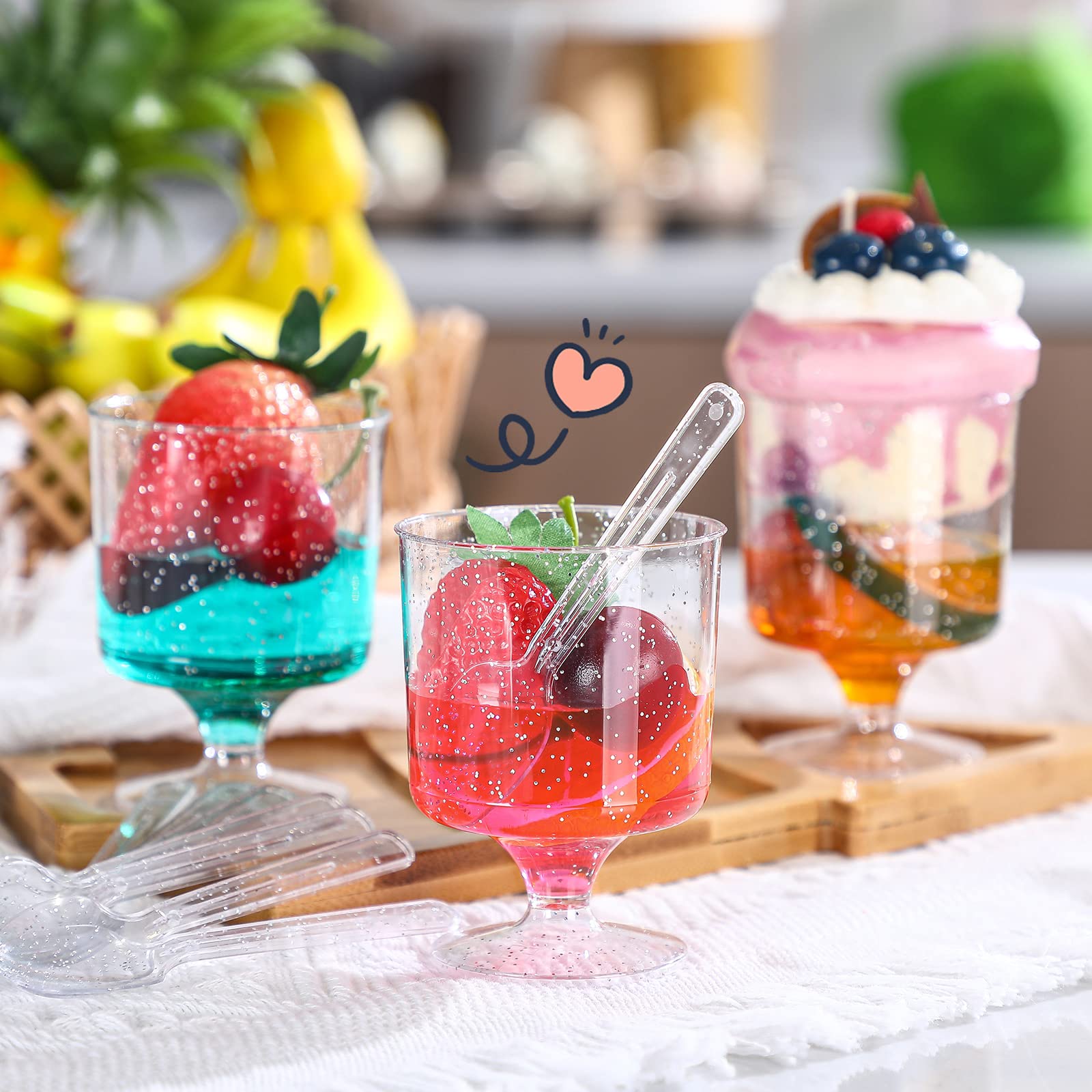 EBOOT 50 Pcs 6 oz Dessert Cups Silver Glitter Disposable Mini Dessert Cups with Spoons Glitter Plastic Cups Wedding Party Disposable Wine Glasses Appetizer Tasting Cups for Thanksgiving Christmas