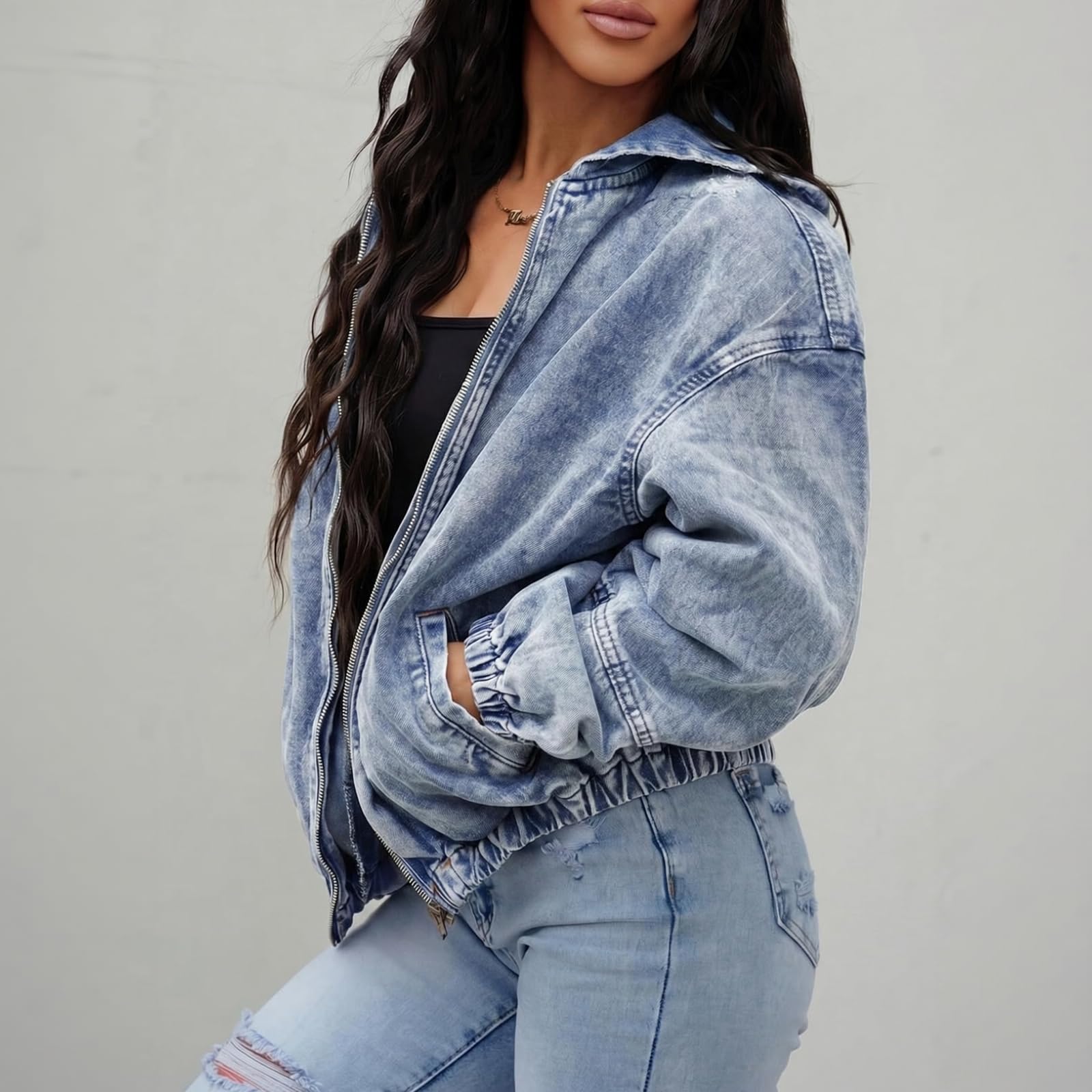 Generisch Jeansjacke Damen Vintage Übergangsjacke Denim Jacket Mit Kapuze
