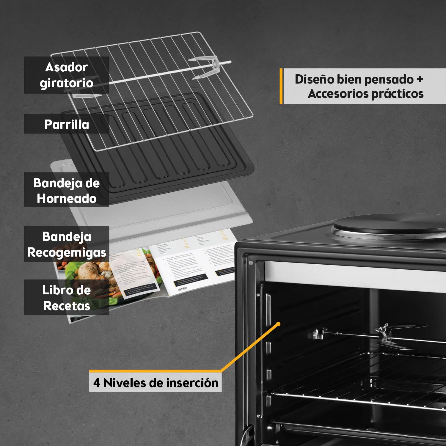 First Austria Mini Horno 45L 3200 W con Quemadores para Pizza 230°C Revestimiento Antiadherente Multihorno 4 Alturas