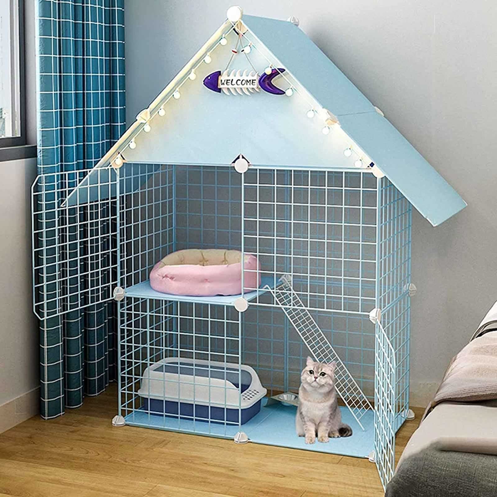 Maison pour chat en métal dans le salon : cage d'intérieur 2 niveaux pour rongeurs