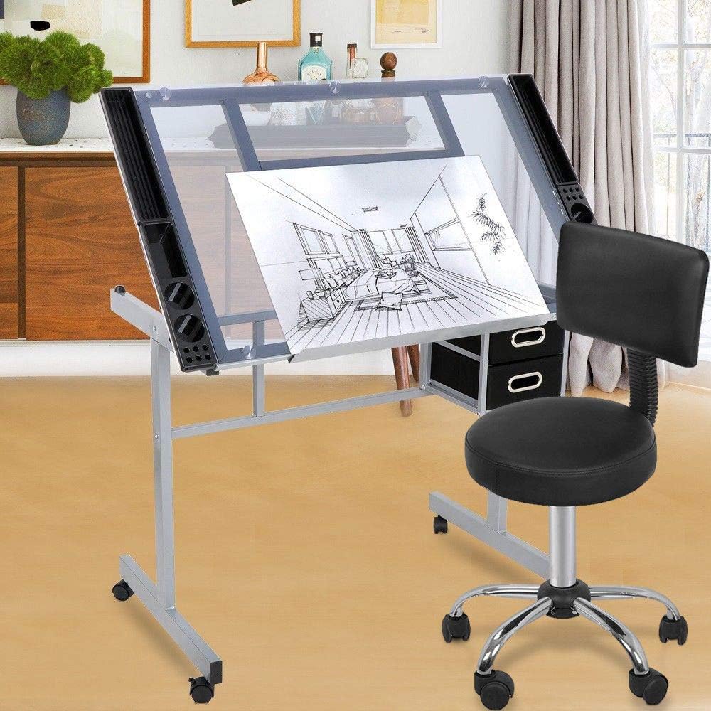 lunanice Drafting Table Craft Station w/Glass Top & Adjustable Spa Salon Stool Chair