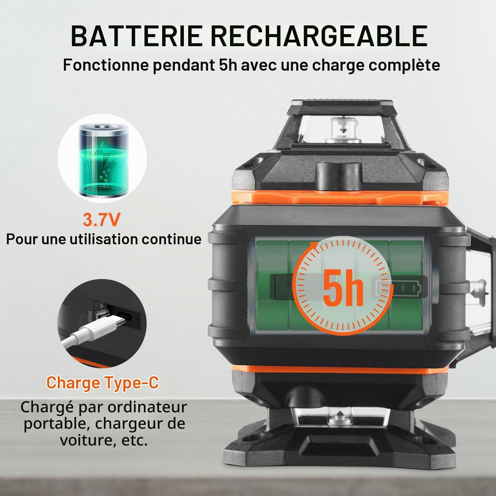 VEVOR Niveau Laser 30 m Niveau Laser 360° x 4 16 Lignes Croisées Verte Mode Autonivelant Manuel Longueur d'Onde Laser 520 nm ± 10 nm Précision de 0,28 cm à 10 m 5 h de Travail en Continu avec Batterie