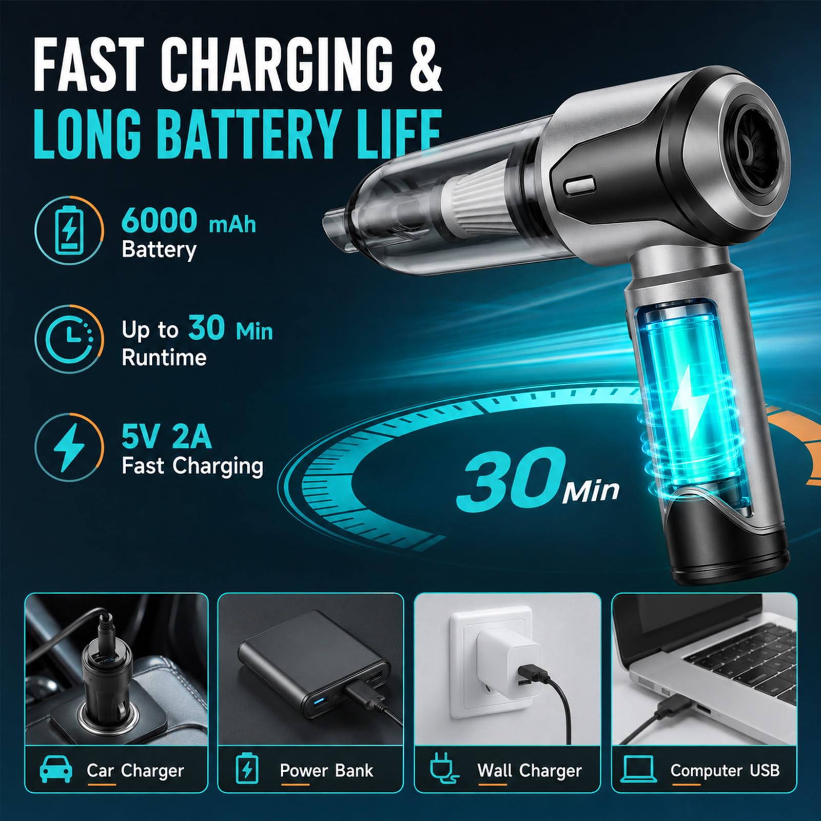 Aspirapolvere Auto Senza Fili Portatile, Aspirabriciole 26000PA, Mini Aspirapolvere 4 in 1 Vacuum Cleaner, Aspira Briciole Potente Ideale per la Pulizia dell'auto e della Casa, Argento