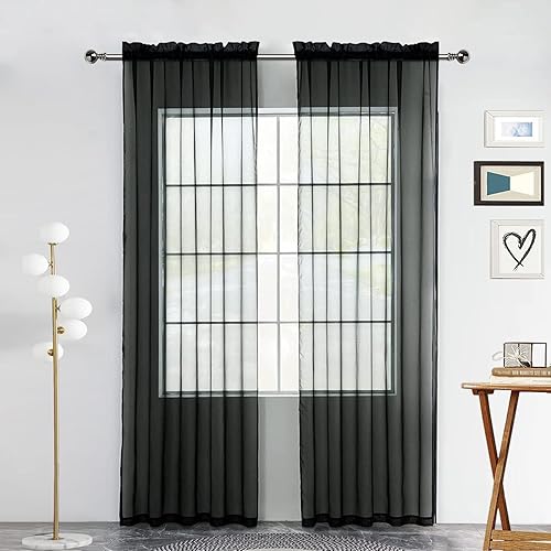 Miniatura 1 de Cortina de gasa transparente sólida con bolsillo para barra, 2 paneles de cortinas de gasa blancas, beige, negro, gris, café, 52 pulgadas de ancho y