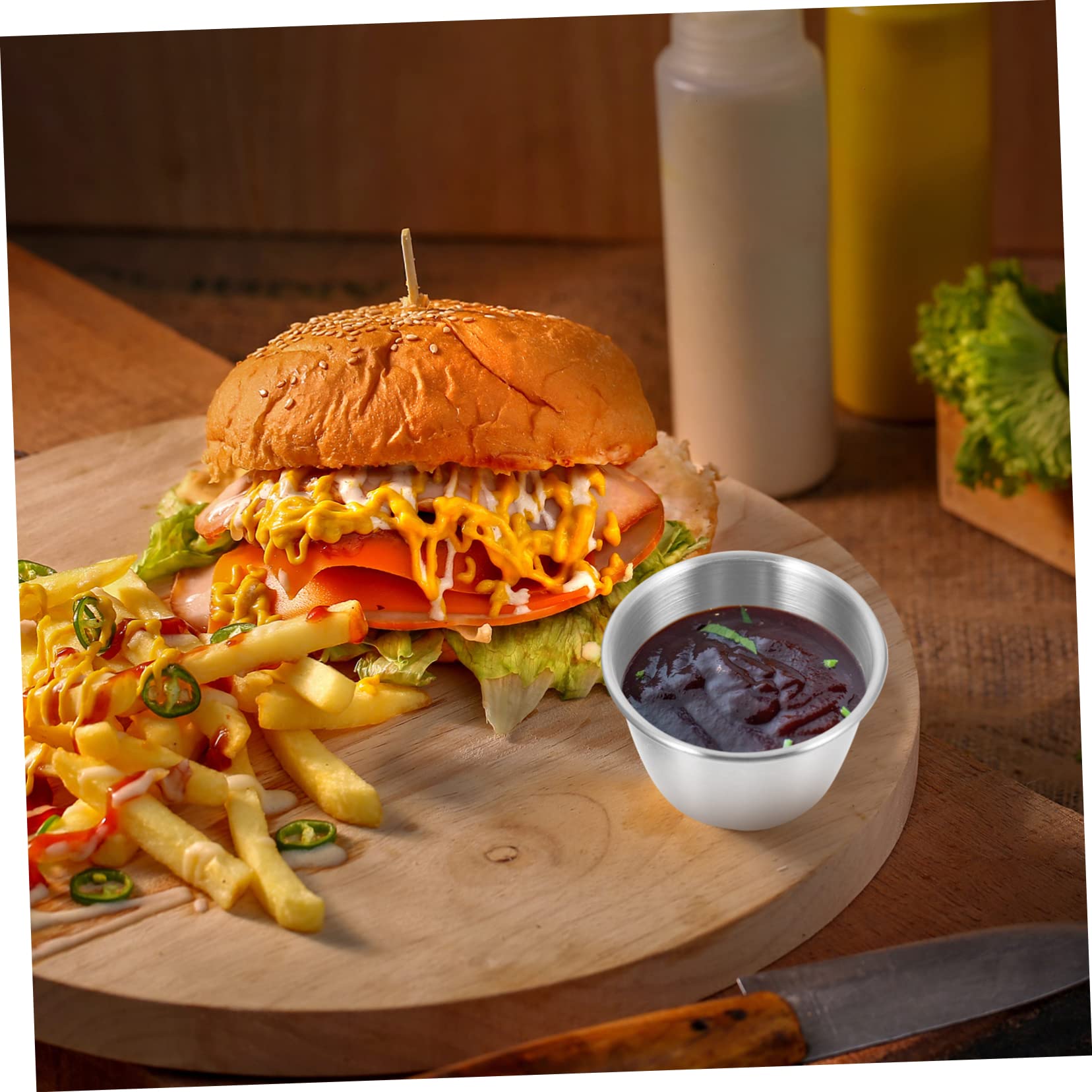 PRETYZOOM Stainless Steel Sauce Dishes Set of 4 Lids Dipping Sauce Cups for Salad Restaurant and Home Reusable Condiment Cups