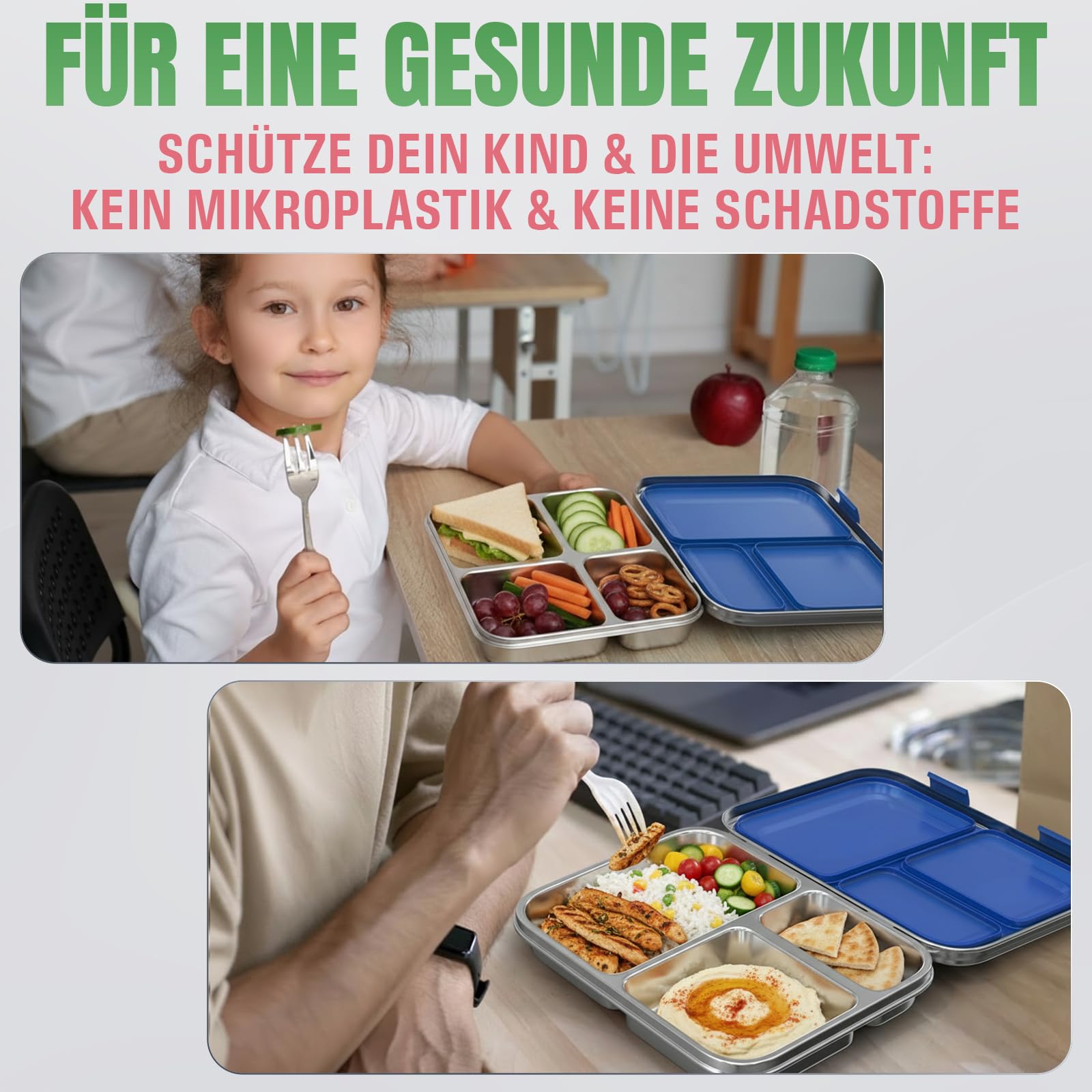 Premium Edelstahl Brotdose Kinder & Erwachsene,Auslaufsichere Bento Box mit Fächern – Robuste Lunchbox,Ideal für Schule, Kindergarten & Ausflüge (Blau)