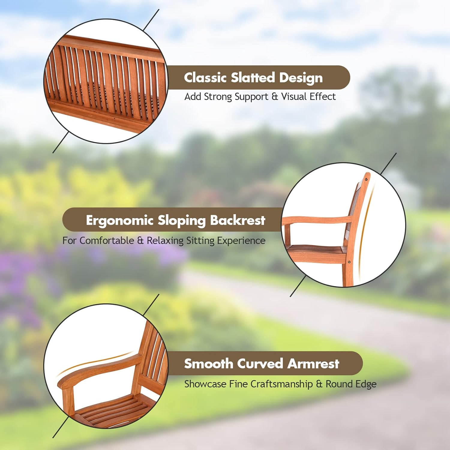 Outdoor Bench, Wooden Bench Outside Bench with Ergonomic Backrests & Curved Armrest, Garden Bench Patio Bench for Outdoors, Park, Porch, Yard & Lawn