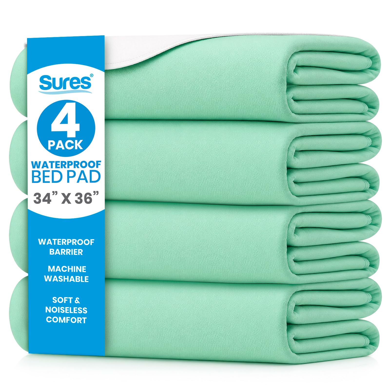 Sures Almohadilla de cama lavable e impermeable y protector de colchón para incontinencia (34 x 36 pulgadas, paquete de 4) – Almohadilla de cama reutilizable para adultos y ancianos – Protector de