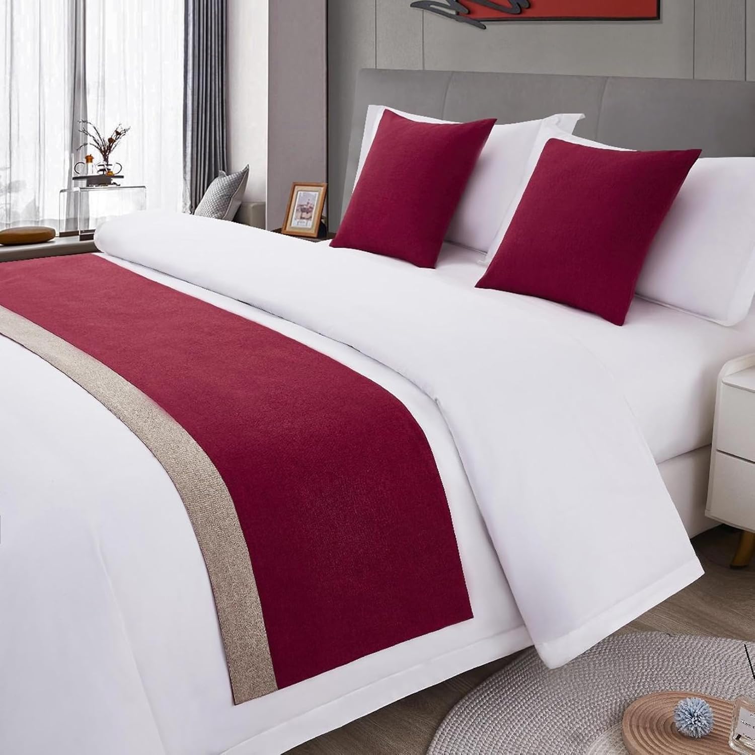 Hotel Bed Runner Double-Sided Bed Cover, Cotton Linen Bed Scarves Bedspreads Throw Decor Protection, F-Red Orange, 50 * 160cm for 1m Bed