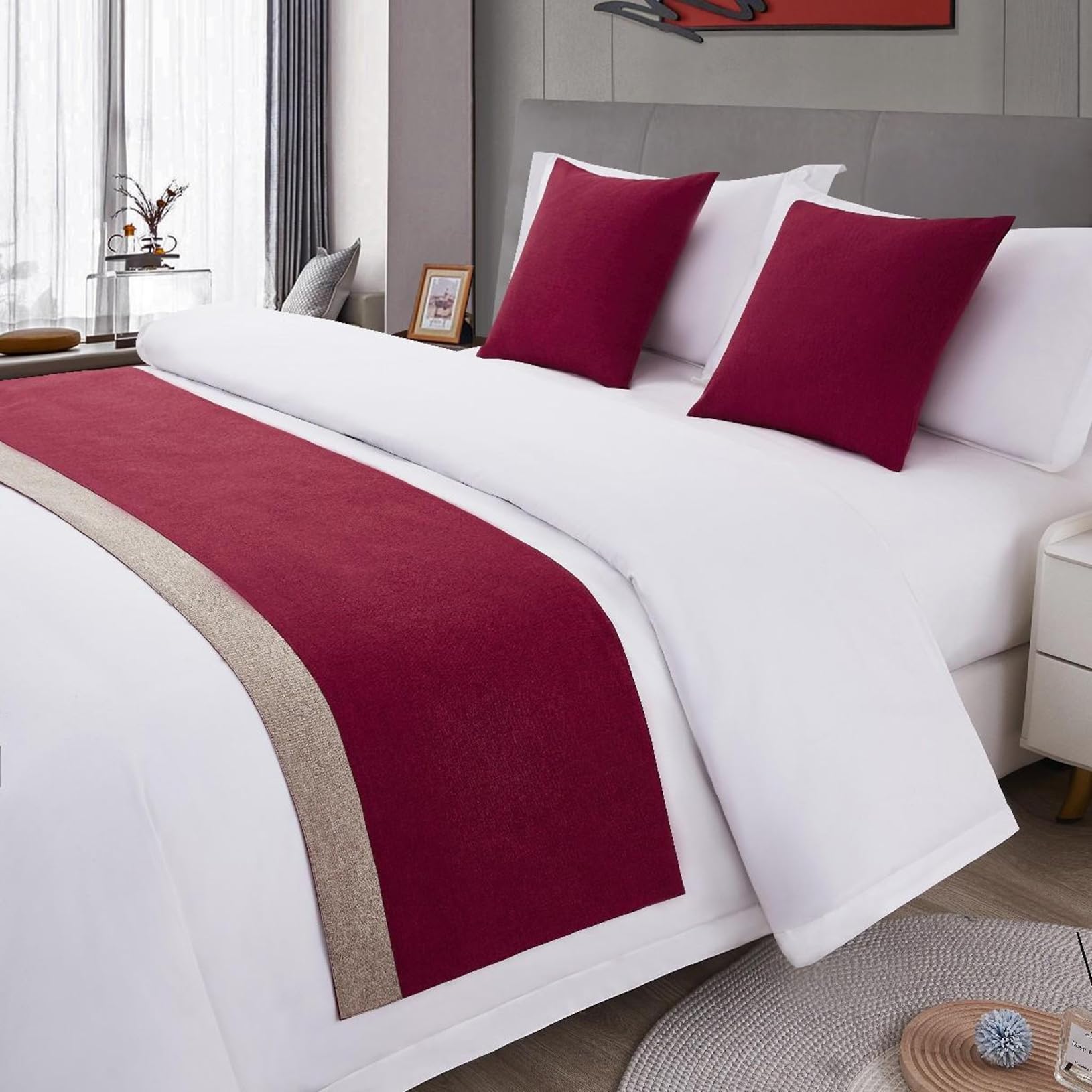 TTiiLoe Hotel Bed Runner Double-sided Bed Cover, Cotton Linen Bed Scarves Bedspreads Throw Decor Protection, F-Red Khaki, 50 * 210cm for 1.5m Bed